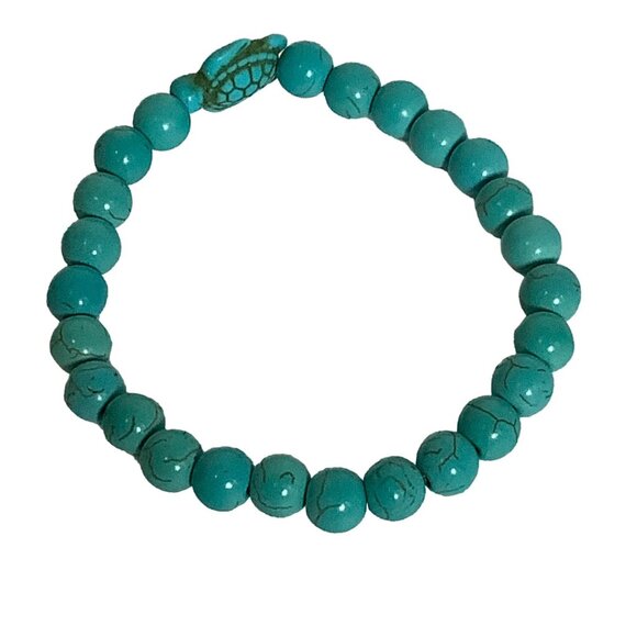 Turquoise Beaded Stretch Bracelet With Turtle Charm - Picture 2 of 4